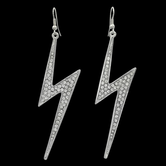 Large Rhinestone Lightning Bolt Silver Dangle Earrings - Picture 1 of 3